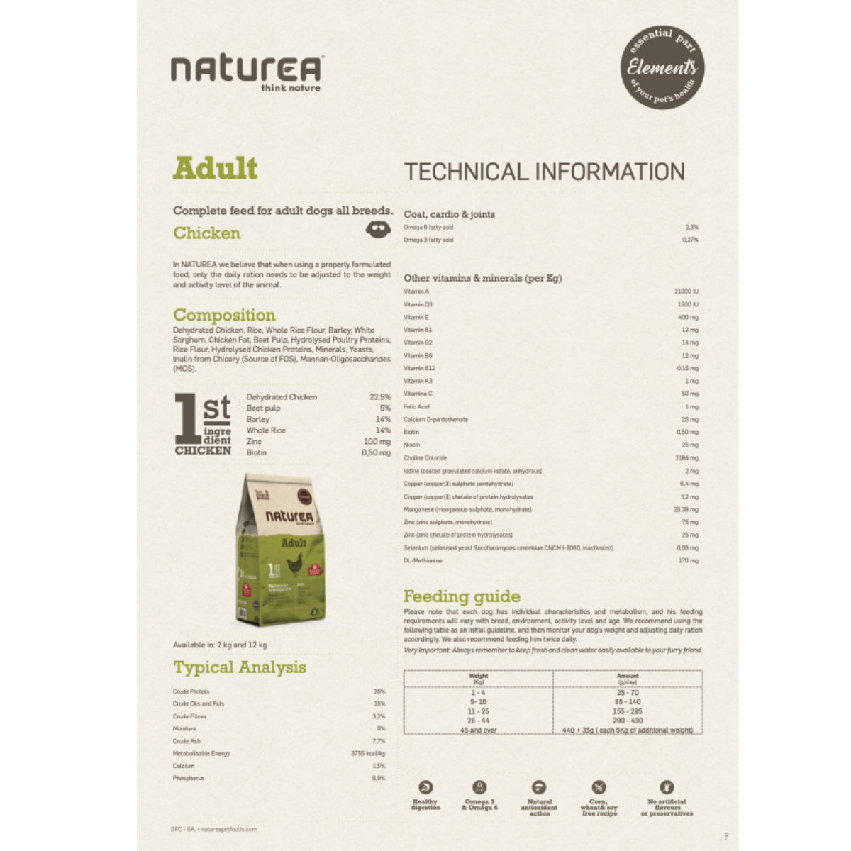 Wholesome balanced daily food NATUREA ELEMENTS for adult dogs of all breeds with chicken meat