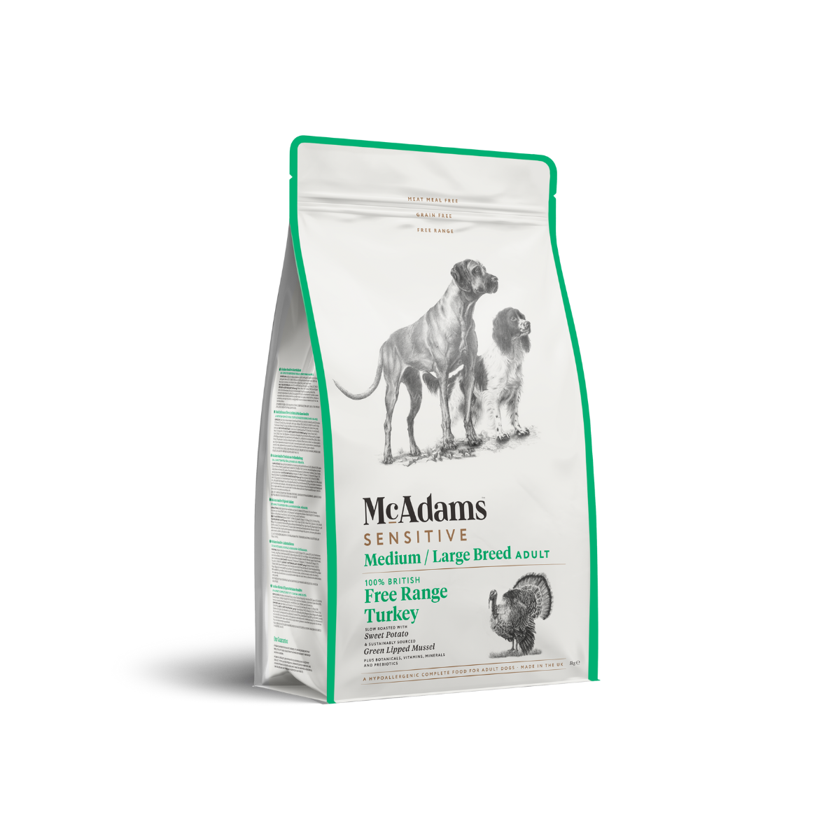 McAdams krāsnī cepta barība SENSITIVE ar 64.5% brīvo turēšanas apstākļu tītaru gaļu vidēja un liela izmēra suņiem Turkey Sensitive large breed