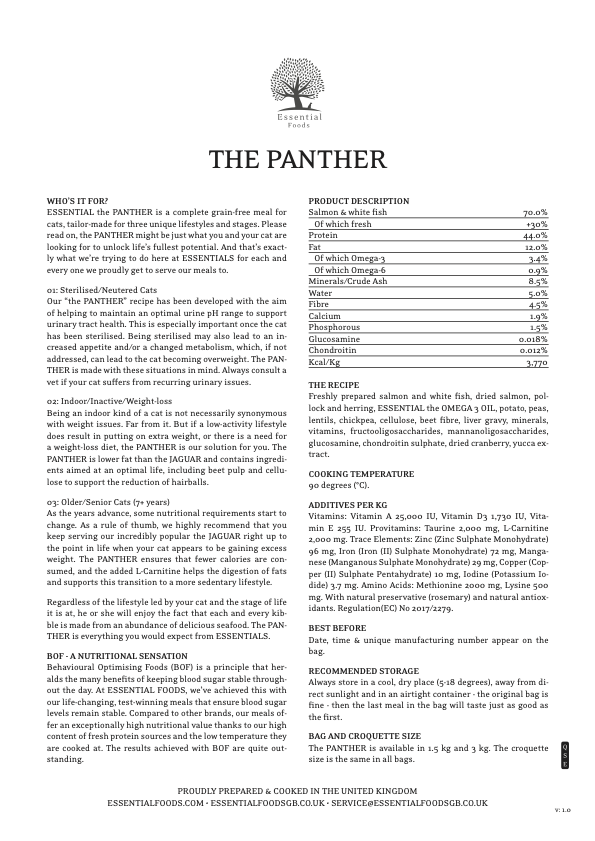 Grainless super premium food for sterilized and overweight cats, seniors, low-active cats THE PANTHER