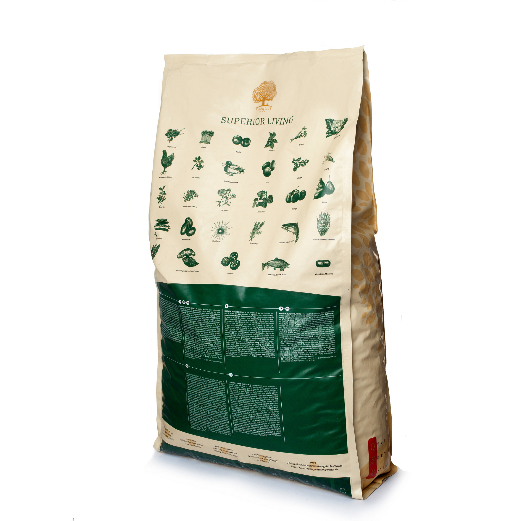 80% meat duck, chicken, salmon, trout, eggs Super premium dairy-free feed for adult dogs weighing over 15kg SUPERIOR LIVING