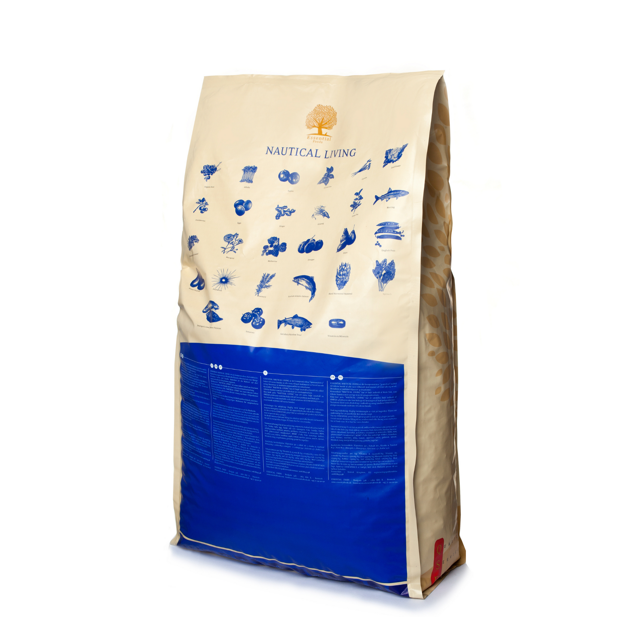 77% Scottish salmon, trout, herring, seasonal fish, eggs Super premium dairy-free food for adult dogs weighing over 15kg NAUTICAL LIVING