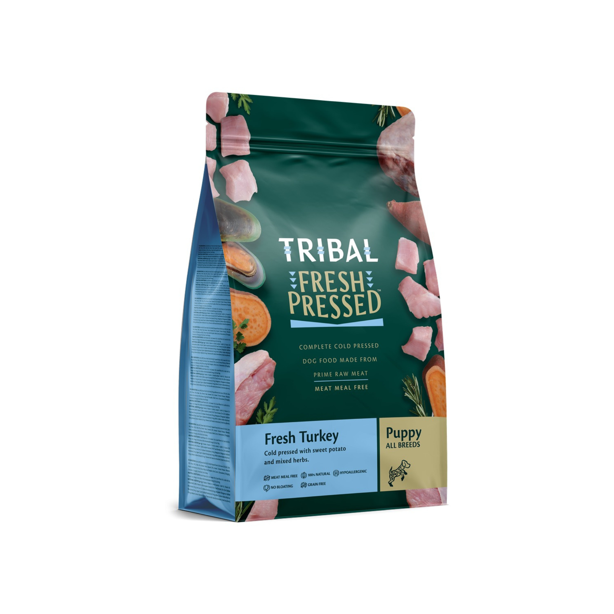 Svaigi spiesta bezgraudu barība kucēniem ar tītara gaļu Tribal Fresh pressed